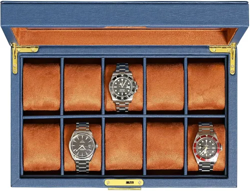 ROTHWELL Caja de reloj de cuero con 10 ranuras, organizador de joyas de lujo, soporte para reloj con tapa de cristal grande, organizador de caja de