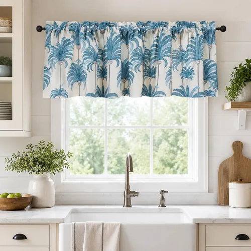 VOGOL Cenefas azules para ventanas pequeñas, cenefas de ventana con estampado de hojas para sala de estar, cortinas cortas con bolsillo para barra,