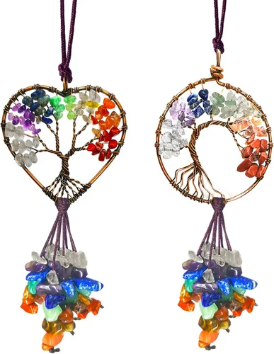 Miniatura 8 de Hecho a mano con piedras de chakras del árbol de la vida, accesorios colgantes para espejo de automóvil, para mujeres y hombres, 7 chakras