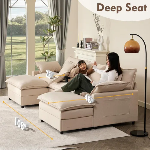 Miniatura 5 de GOSUHI - Sofá en forma de U de 108", sofá seccional modular, sofá de nube de 3 plazas con otomana móvil, sofás de asiento profundo para sala de Beige
