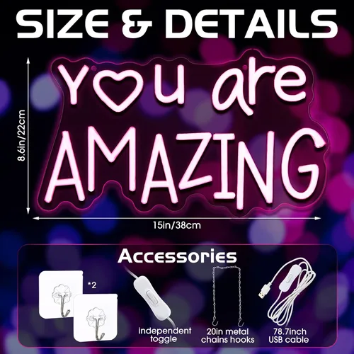 Miniatura 2 de Retisee Letrero de luz LED de neón rosa con texto en inglés "You Are Amazing ", regulable para habitación de niñas, dormitorio, bar, bar, club