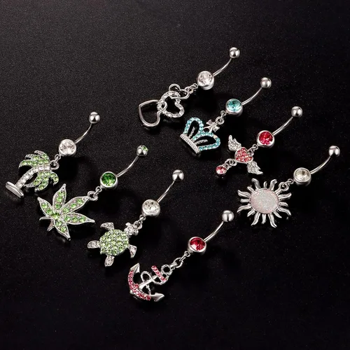 Miniatura 6 de 15 anillos de ombligo de acero inoxidable de 14 G para mujer con circonita cúbica AAA