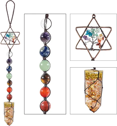 Miniatura 3 de rockcloud Adorno colgante de 7 piedras de chakras, hecho a mano, hexagrama, árbol de la vida, adorno para colgar con varita de cristal de resina