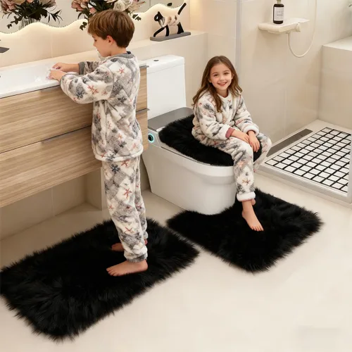 Miniatura 7 de RUN HELIX Juego de alfombras de baño negras de 3 piezas, alfombras de baño peludas, antideslizantes, absorbentes de agua, alfombras de baño suaves