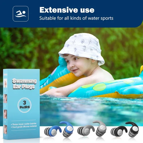 Miniatura 5 de Tapones para los oídos de natación para niños, 3 pares de tapones de silicona impermeables para natación, surf, buceo, ducha para niños de 4 a 12