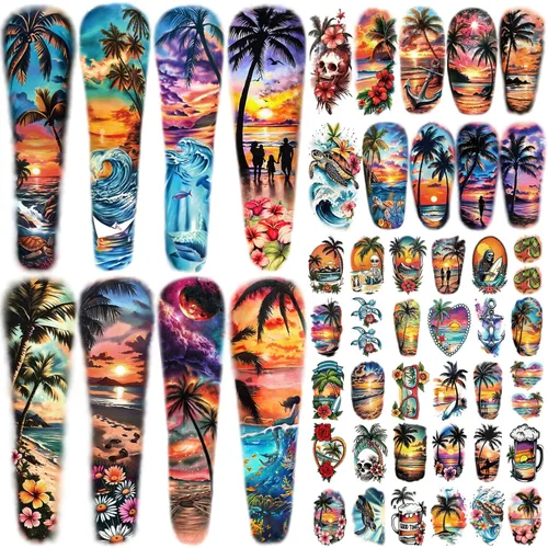 Miniatura 11 de Tatuaje Temporal de Brazo Completo Impermeable para Hombres (L22.8" x A7"), 46 Hojas de Tatuajes Falsos para Mujeres León Tigre Reloj Flor Esqueleto