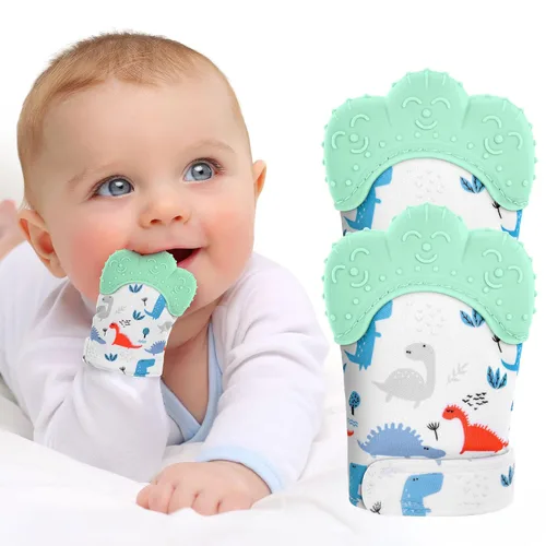 Miniatura 10 de Paquete de 2 guantes de dentición de silicona, calmante para la dentición infantil, alivio del dolor, evita arañazos, juguetes de dentición