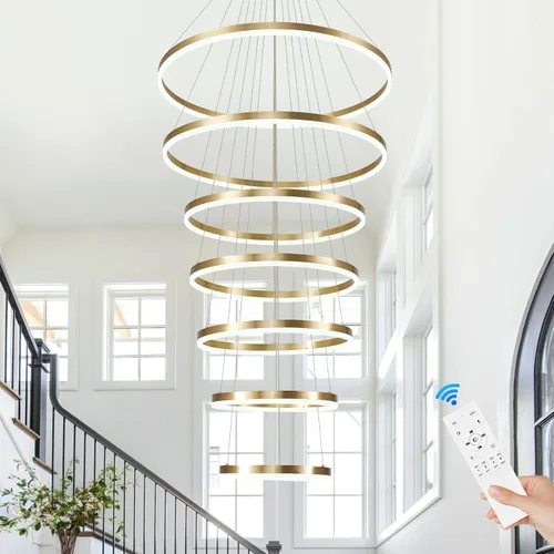 Miniatura 17 de Benkut 5 Anillos D31.5 Lámpara de Araña LED Moderna Negra Grande Regulable Circular para Techo Alto con Control Remoto para Vestíbulo, Comedor, Sala