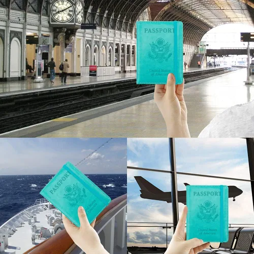 Miniatura 7 de Soporte para pasaporte y tarjetero de vacuna, cartera para pasaporte, funda para pasaporte con bloqueo RFID, Azul lago, Compacto