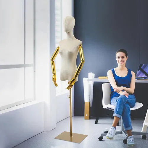 Miniatura 6 de Forma de vestido femenino con brazo dorado, cuerpo de terciopelo de maniquí con soporte de metal, torso de exhibición de modelo de vestido femenino