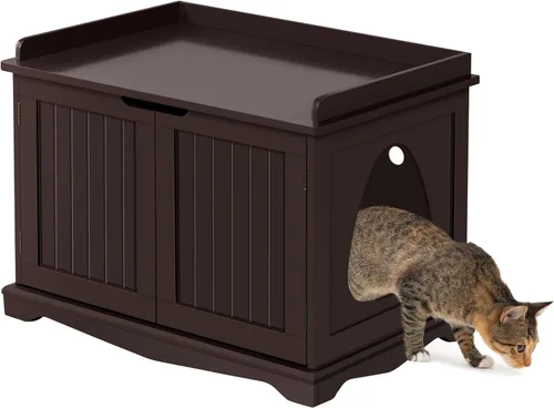 Miniatura 10 de Yaheetech Caja de arena para gatos, muebles de arena ocultos, baño para gatos, jaula para mascotas, banco de almacenamiento decorativo para Blanco