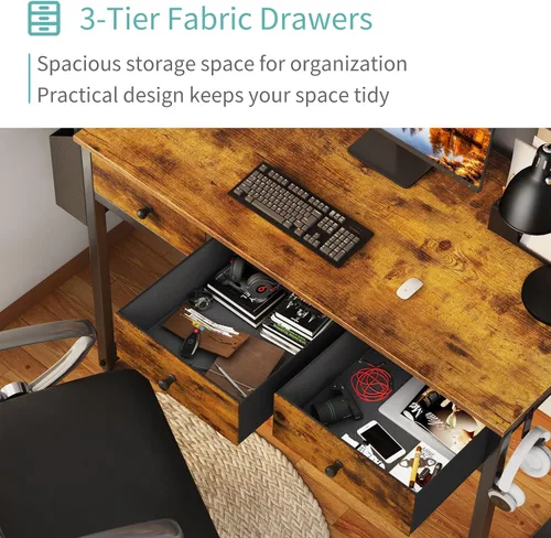 Miniatura 4 de Lufeiya - Escritorio con cajones para dormitorio, oficina en casa, con 3 cajones de almacenamiento de tela y bolsillo, mesa de estudio para Marrón