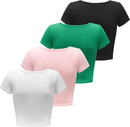 Miniatura 3 de Formeet17 Camisetas cortas básicas de 4 piezas para mujer, cuello redondo, manga casquillo