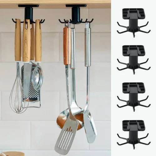 4 ganchos para utensilios de cocina debajo del gabinete, rotación de 360°, adhesivo sin uñas, estante colgante para utensilios de cocina,