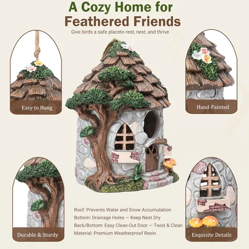 Miniatura 5 de Yinns Casa de pájaros de resina para exteriores, casas de pájaros para exteriores para anidar pájaros silvestres, casas decorativas de piedra