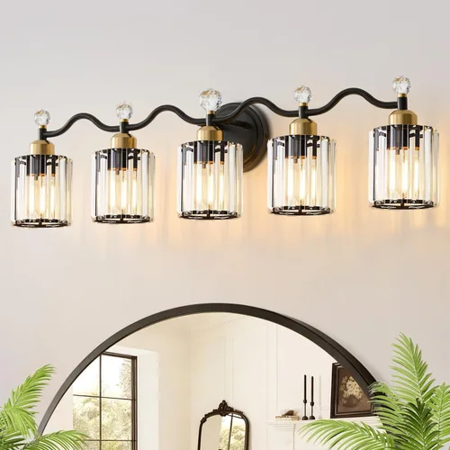 Miniatura 17 de Moderna lámpara de cristal para tocador de baño, 3 luces negras y doradas, lámparas de tocador sobre espejo, lámpara de pared de vidrio