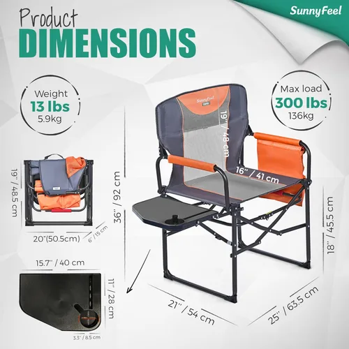 Miniatura 2 de SUNNYFEEL Silla de directores de camping, resistente, silla plegable portátil de gran tamaño con mesa auxiliar, bolsillo para playa, pesca, viaje