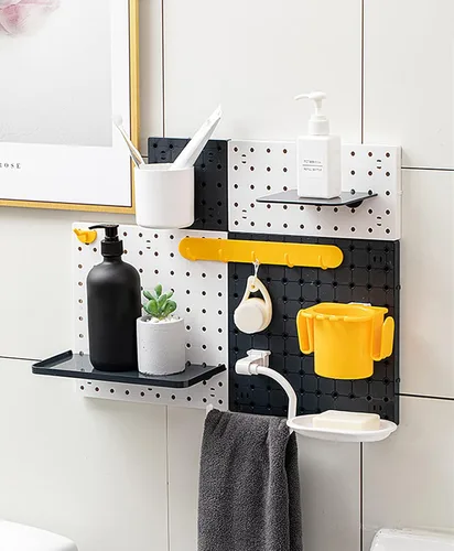 Miniatura 6 de Organizador de pared de tablero de clavijas blanco, 4 piezas, tablero de clavijas autoadhesivas, kits de panel de pared, almacenamiento para sala