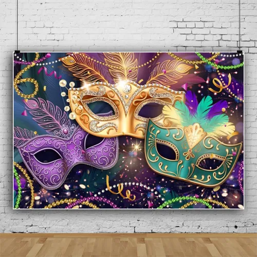 Miniatura 2 de Telón de fondo de Mardi Gras de 10 x 8 pies para fotografía, color morado, dorado, verde, carnaval, mascarada, para fiesta, máscara, graduación
