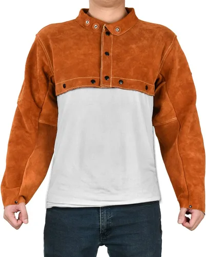 Miniatura 3 de LeaSeek Chaqueta de Soldadura de Cuero - Delantal de Soldadura de Servicio Pesado con Manga, Cuero de Vaca Resistente al Calor y al Fuego para Marrón
