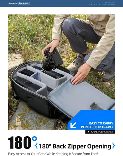 Miniatura 4 de llano Mochila compacta para cámara DSLR/SLR/sin espejo, bolsa de fotografía con ranura para laptop (para MacBook de 14 pulgadas) y soporte