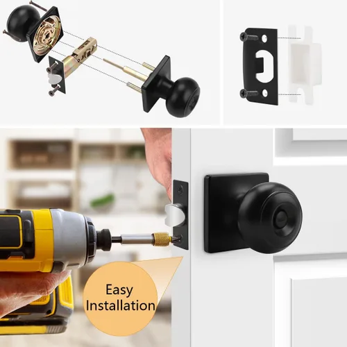 Miniatura 3 de Probrico Perillas negras para cama/baño con roseta cuadrada, cerraduras para puertas interiores sin llave, paquete de 5