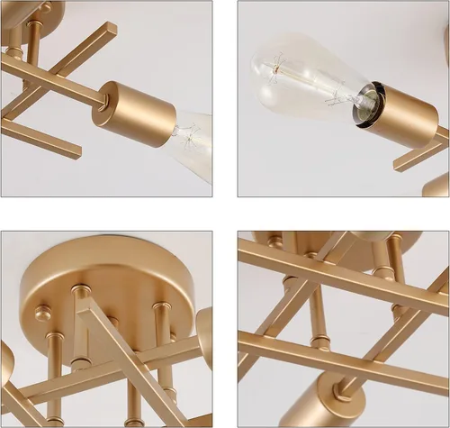 Miniatura 5 de AIHYING Lámpara de techo de 4 luces para montaje semiempotrado, lámpara de araña dorada de estilo industrial granja de mediados del siglo