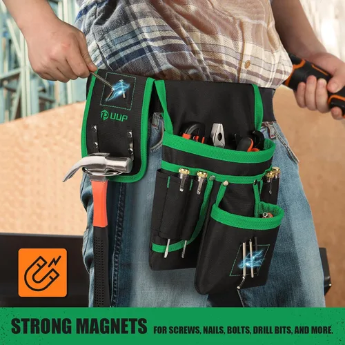 Miniatura 3 de Cinturón de herramientas magnético para hombres, 26 bolsillos, bolsa de herramientas resistente, funda magnética, cinturón de herramientas de Verde