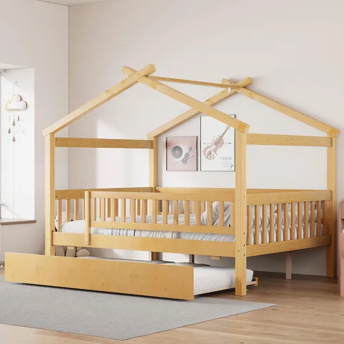 Miniatura 25 de JIVOIT Cama de plataforma de madera con dos cajones, cama de casa tamaño individual con diseño de techo, patas de pino macizo, cabecera y estribo