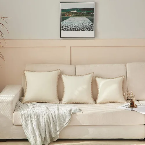 Miniatura 7 de FY FIBER HOUSE Paquete de 2 fundas de almohada decorativas de granja, lino sintético de arpillera con bordes a medida, fundas de cojín para sofá
