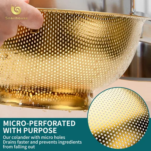 Miniatura 4 de Snailhouse Colador de acero inoxidable de 3 cuartos de galón para pasta, arroz, alimentos, colador metálico con asas y base autodrenante