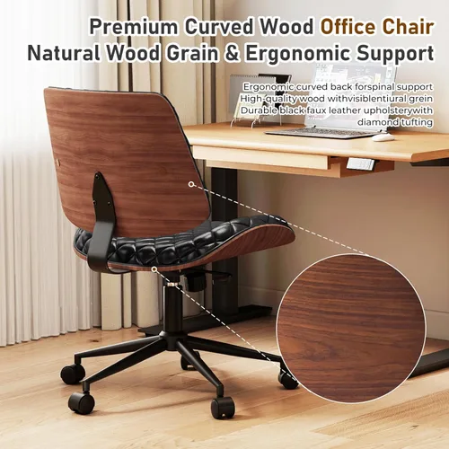Miniatura 3 de Furnimart Silla de oficina de madera resistente giratoria de 360°, silla de escritorio pequeña de piel sintética con asiento acolchado grueso