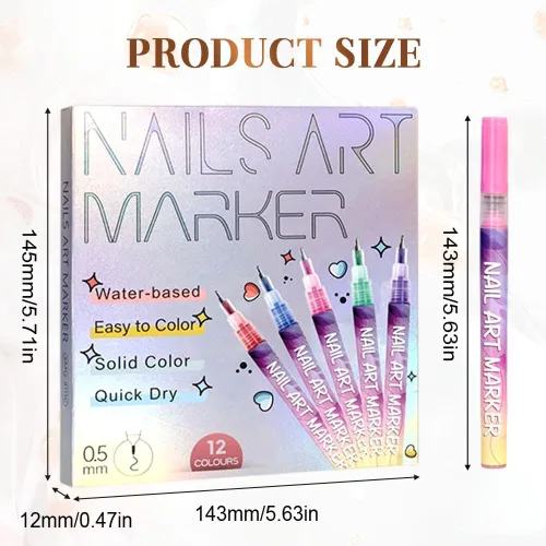 Miniatura 6 de Drkicsy Juego de 12 pinceles para arte de uñas, marcadores de uñas DIY para niños y adultos, pinceles de esmalte de 0.5mm de punta fina