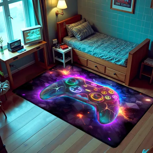 Miniatura 6 de Alfombra de área de juegos neón de 3 x 5 pies para habitación de niños, alfombra colorida de control de juegos para decoración de habitación