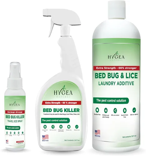 Hygea Natural Kit de eliminación de chinches y piojos extra fuerte, incluye spray extra fuerte para piojos y chinches de cama de 24 onzas, aditivo
