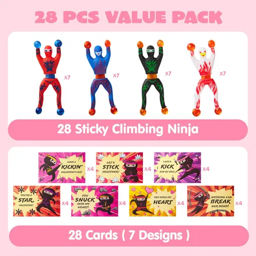 Miniatura 2 de JOYIN Paquete de 28 paquetes de ninja pegajoso para escalada en la pared para el día de San Valentín con tarjetas de regalo, juguetes para aliviar