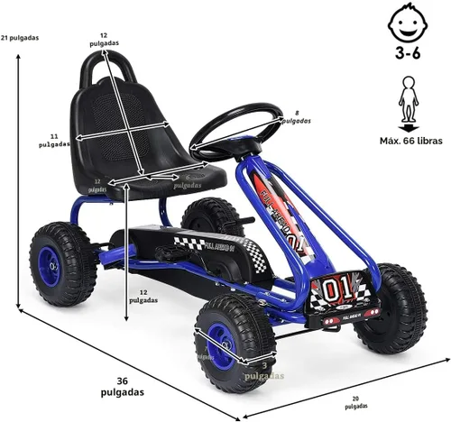 Miniatura 7 de Costzon Go Kart para niños, carrito de 4 ruedas alimentado por pedal con asiento ajustable, freno de mano y ruedas antideslizantes, auto de pedal