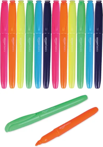 Amazon Basics - Rotuladores fluorescentes con punta biselada, colores surtidos, suministros escolares, paquete de 12 unidades