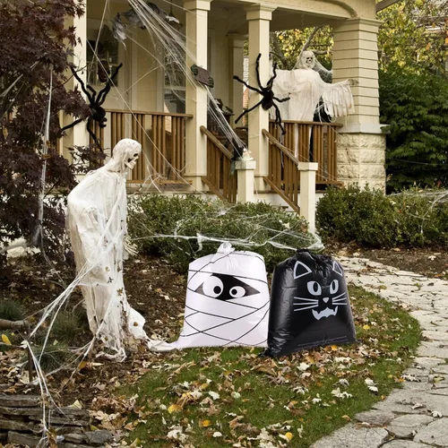 Miniatura 8 de Paquete de 12 bolsas de basura de plástico resistentes con lazos giratorios, 6 diseños de bolsas de basura grandes de calabaza para jardín, césped