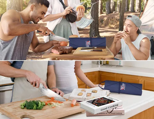 Miniatura 8 de SYOKAMI Juego de cuchillos de chef de 14 piezas con bolsa de rollo, juego de cuchillos japoneses profesionales de acero inoxidable con mango de Azul