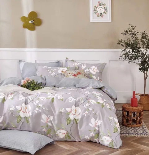 Swanson Beddings Leafy - Juego de cama 100% algodón: Funda de edredón, fundas de almohada Gris lila/gris cálido