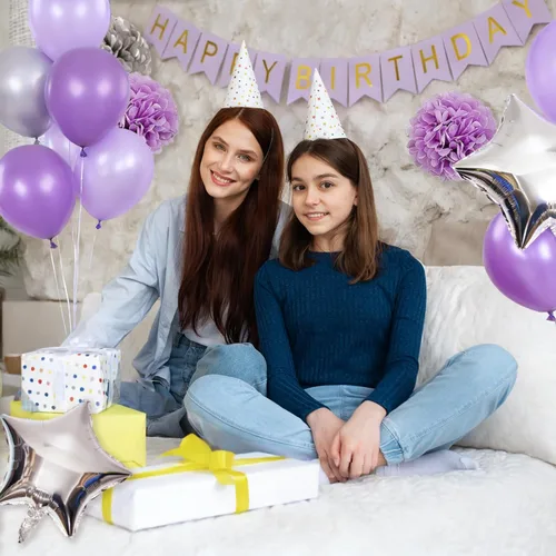 Miniatura 5 de Decoraciones de cumpleaños para niñas púrpura y plata Lavanda fiesta decoración Kit para ella mujer incluyendo feliz cumpleaños Banner pompón flor
