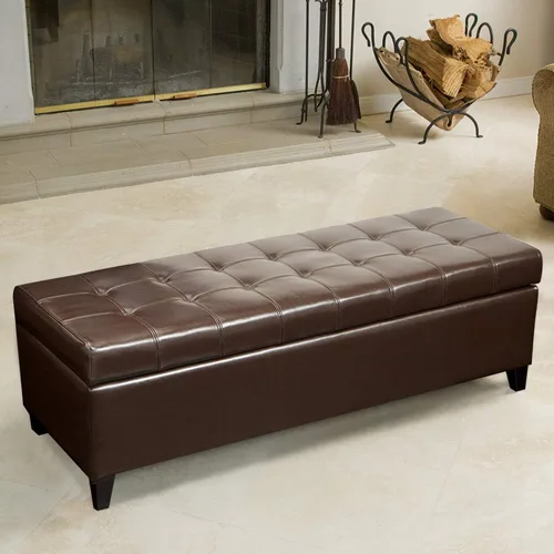 Miniatura 5 de Banco otomano rectangular copetudo de almacenamiento de cuero regenerado para mesa de centro para dormitorio, sala de estar (marrón)