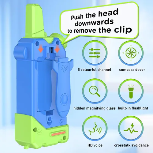 Miniatura 6 de Walkie Talkies para niños, 5 canales coloridos de radio de 2 vías, brújula, linterna y lupa, alcance de 3 millas para juego de aventura, exterior