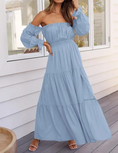 Miniatura 153 de ZESICA - Vestido largo, bohemio y sexy, con hombros descubiertos y manga larga fruncida, con elástico fruncido, cintura alta y abertura lateral