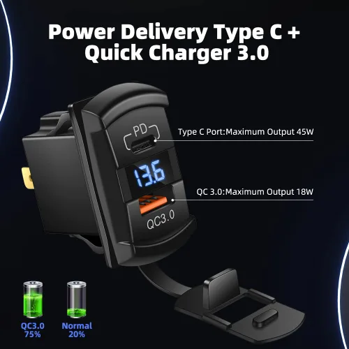 Miniatura 3 de CNAODUN Interruptor basculante USB con cargador USB C y cubierta impermeable, Dual PD y QC3.0, voltímetro LED azul de 12V/24V para panel