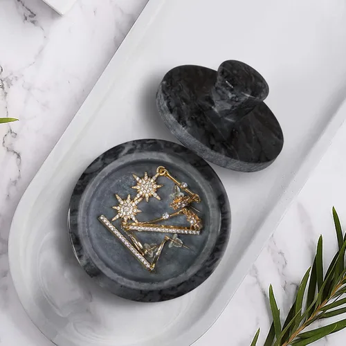 Miniatura 2 de Salero de Mármol con Tapa, Cuencos de Sal y Pimienta Caja Recipiente, Frasco de Sal con Tapa para Cocina y Baño (Negro)