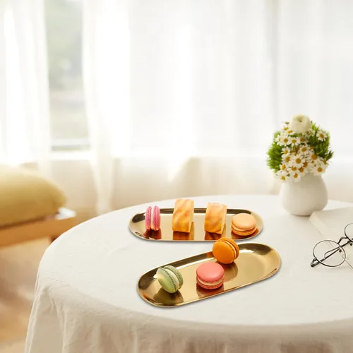Miniatura 7 de Bandeja de acero inoxidable para toallas/platos, bandejas de almacenamiento de té/frutas, organizador de cosméticos y joyas, dorado, ovalado