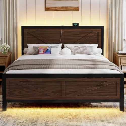 Miniatura 8 de Marco de cama rústico de tamaño completo con cabecero de puerta de granero, marco de cama LED con estación de carga, marcos de cama de plataforma