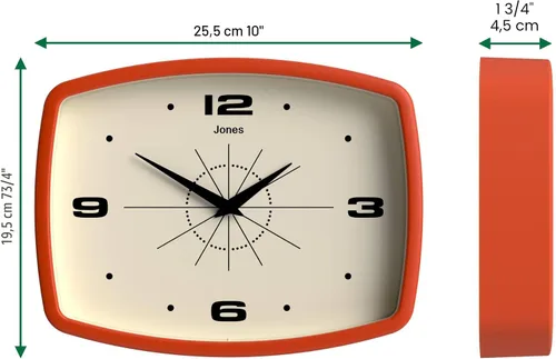 Miniatura 4 de JONES CLOCKS® Reloj de pared de película Reloj retro rectangular 10 pulgadas Naranja Aspecto de diseñador fresco de mediados de siglo